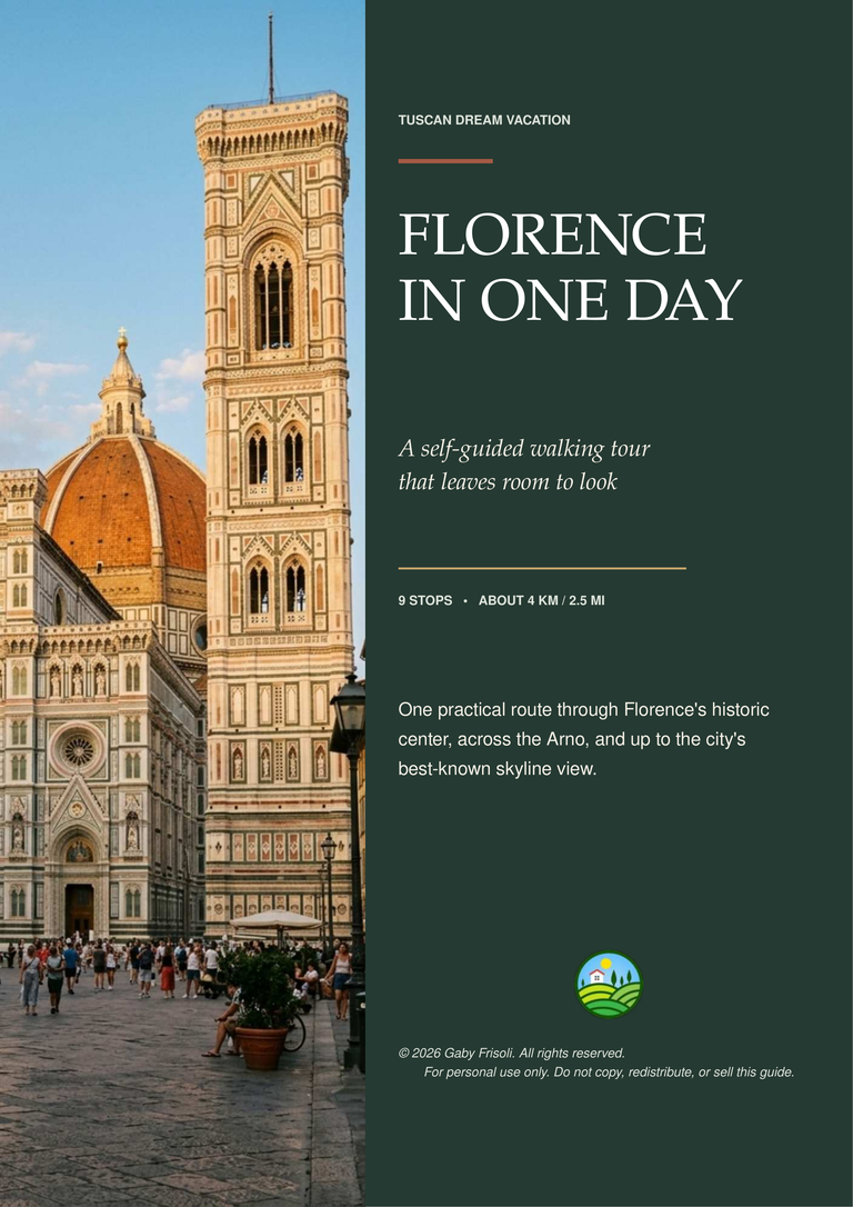 Cover of the Florence in One Day guide: Giotto’s bell tower and the Duomo beside the title