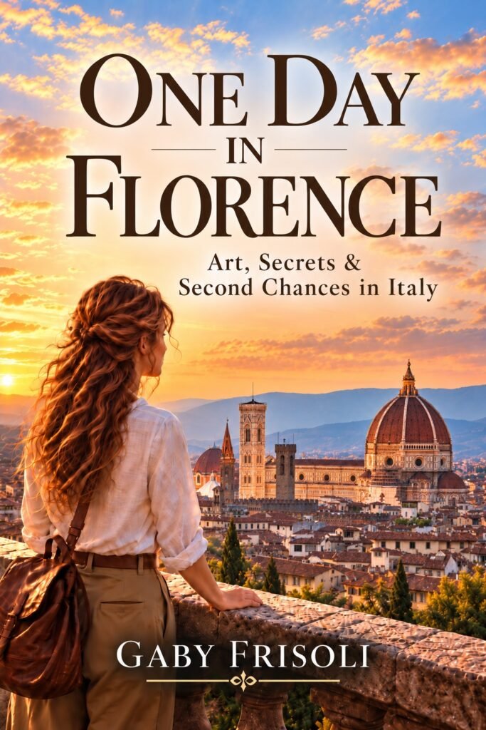 One Day in Florence book cover — a woman looking out over the Florence skyline at sunset, with the Duomo in view